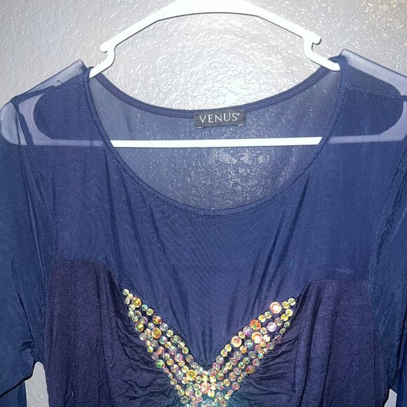 Venus Navy Ruched Dress with Embellished Detail - Size Medium - Picture 3 of 5